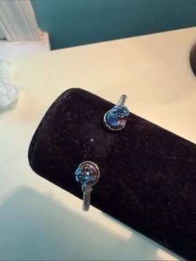 Druzy Stone Cable Cuff Bracelet in Iridescent Blue